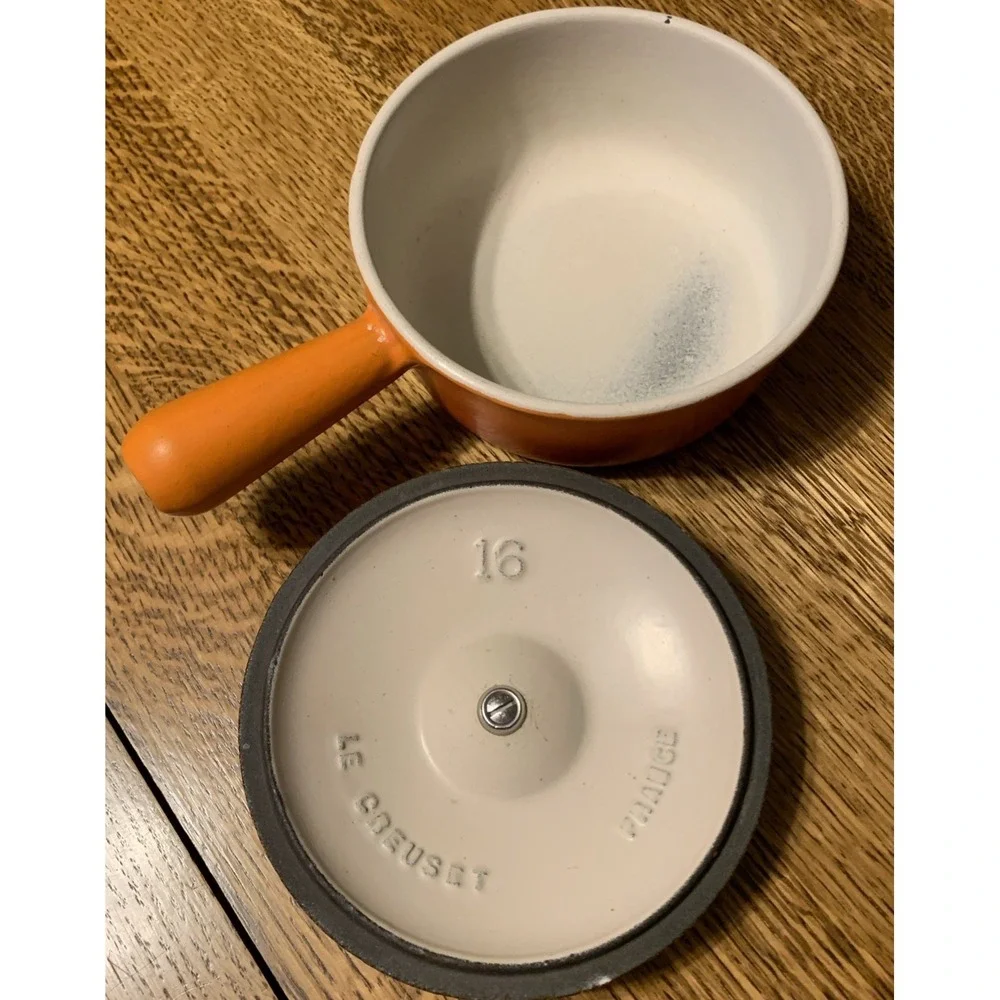 Vintage Le Creuset  #16 Saucepan with Lid Flame Orange Hollow Handle